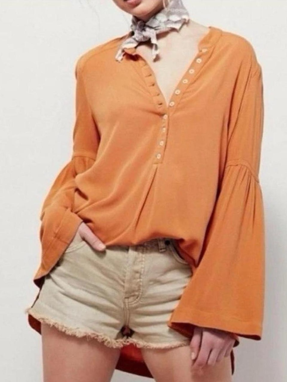 Free People Easy Girl Tunic Top Dramatic Wide Boho Bell Sleeves, Henley Sz XS